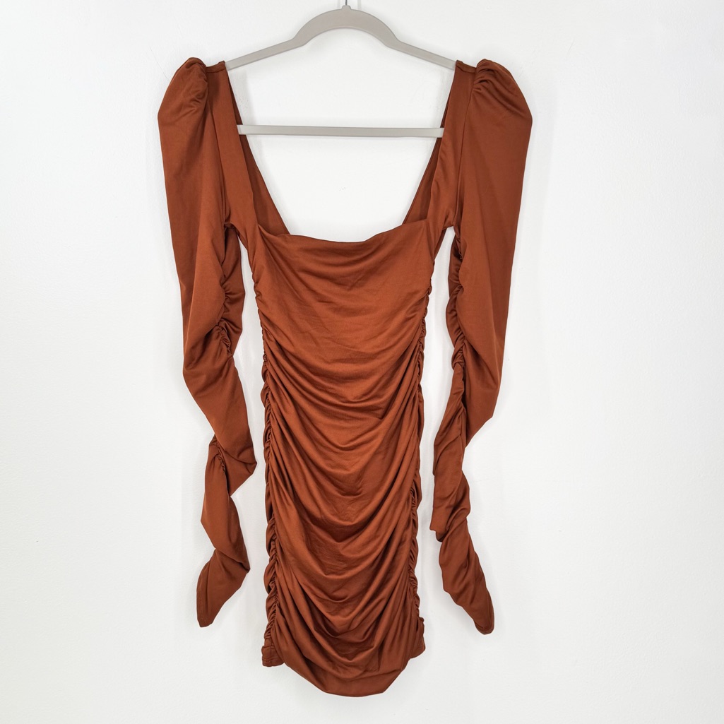 Nwt Oh Polly Flatter Me Long Sleeve Ruched Mini Dress In Golden Brown Women’s 0